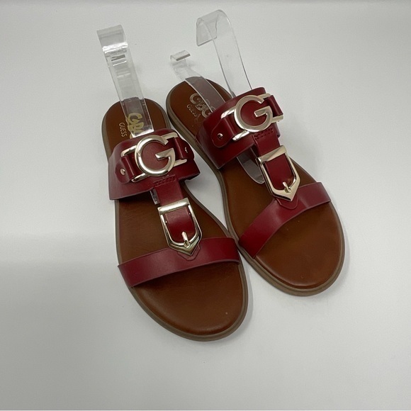 G By Guess Dark Red Open Toe Sandal with Gold Accents Size 7 1/2 - Picture 4 of 12